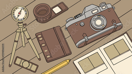 Flat lay of vintage photography gear retro camera compass film rolls notebook and photo album on wooden floor for travel adventure and creative planning