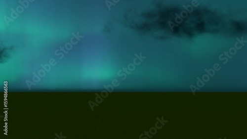 Ethereal green and blue aurora borealis sky with faint stars and dark clouds above a flat horizon. Suitable for nature, space, fantasy, or abstract backgrounds.