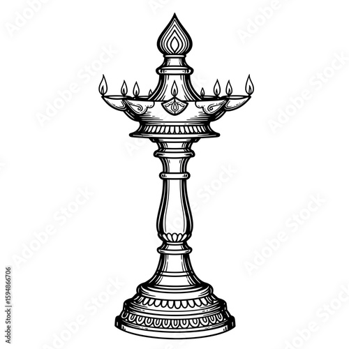 Detailed engraving of a traditional oil lamp stand silhouette
