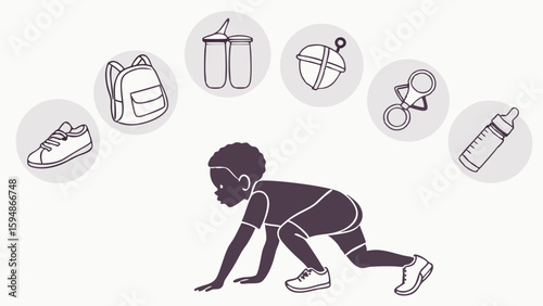 Child development illustration featuring a toddler in a crawling stance, surrounded by essential items like a backpack, shoes, water bottles, and baby accessories.