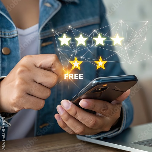 Close-up of hands using smartphone to leave a 5-star app review and digital feedback for service or product rating in a mobile app interface.