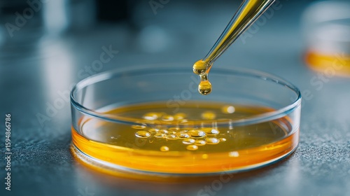 Close-up shot of yellow liquid dripping into a Petri dish on a grey lab table