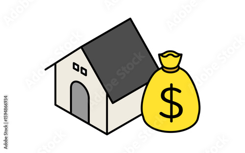 一軒家とお金の袋で住宅ローンのシンプルな線画アイコン（アイソメトリックイラスト）