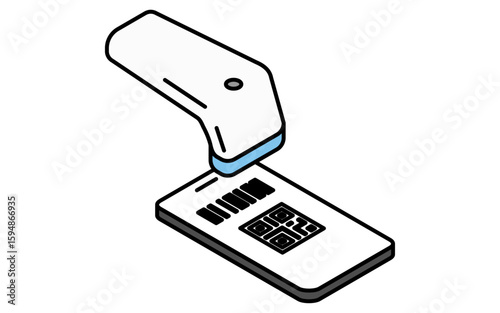QRコード決済するスマホとバーコードリーダーのシンプルな線画アイコン（アイソメトリックイラスト）