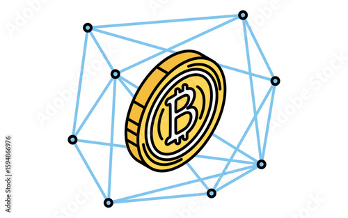 暗号通貨とブロックチェーンのシンプルな線画アイコン（アイソメトリックイラスト）