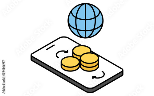 外貨送金するスマホアプリのシンプルな線画アイコン（アイソメトリックイラスト）