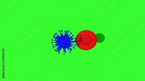 Microscopic 3D rendering of a blue virus approaching a red blood cell on green screen. Suitable for medical, scientific, and health education content for compositing.
