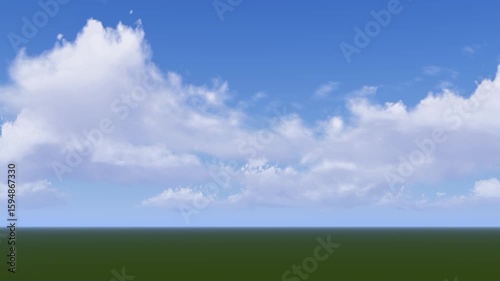 Dynamic clouds and bright sun in a blue sky over a green horizon. Suitable for natural backgrounds, weather themes, transitions, or virtual environments.