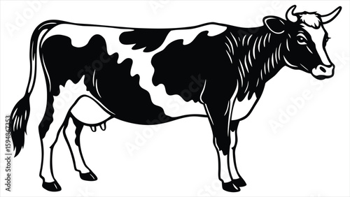 A black and white Holstein Friesian cow stands in profile, showcasing its distinctive patched coat and udder, a classic farm animal illustration. ideal for use in wildlife conservation materials