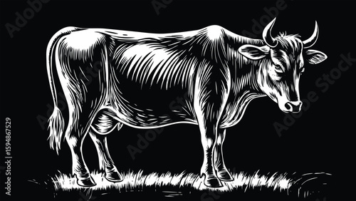 Vintage engraving of a standing cow on a black background with detailed texture and shadow effects. ideal for use in wildlife conservation materials