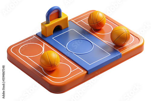Miniature basketball court toy with three orange balls isolated on transparent background