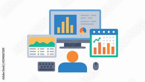 Person working with multiple screens displaying data charts and graphs on a white background view