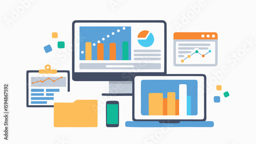 Illustration of a desktop computer laptop mobile phone and documents showing data analysis graphics