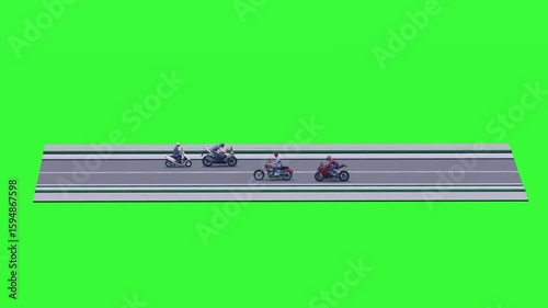 Diverse motorcycle riders on a road strip with a green screen background. Features cruisers, sportbikes, and scooters. Suitable for transport, urban life, and compositing virtual environments.