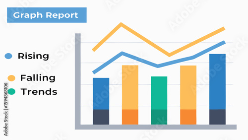 Illustration of a graph report with rising and falling trends indicated by bars and lines on a chart
