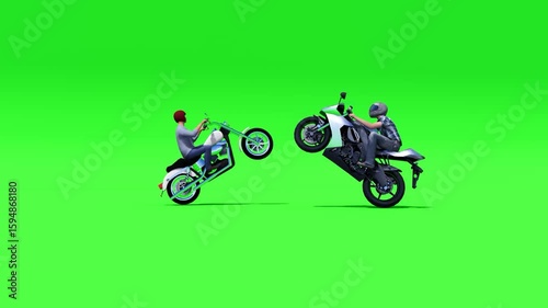 Two motorcyclists, one on a cruiser and one on a sportbike, performing wheelies on a green screen. Ideal for action, extreme sports, or transportation-related projects requiring custom backgrounds.