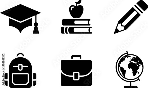 Graduation cap books apple pencil backpack briefcase globe icons vector