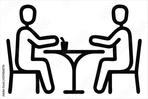 Two stick figures sit opposite each other at a small round table engaged in conversation over a drink, symbolizing connection and discussion. perfect for cafés, restaurant branding, dining-related 