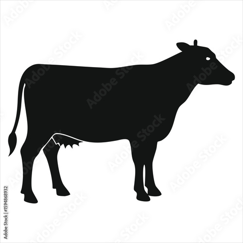 A striking black silhouette of a dairy cow standing calmly against a white background, showcasing its full profile. ideal for agricultural branding, dairy product packaging, farm signage, veterinary 