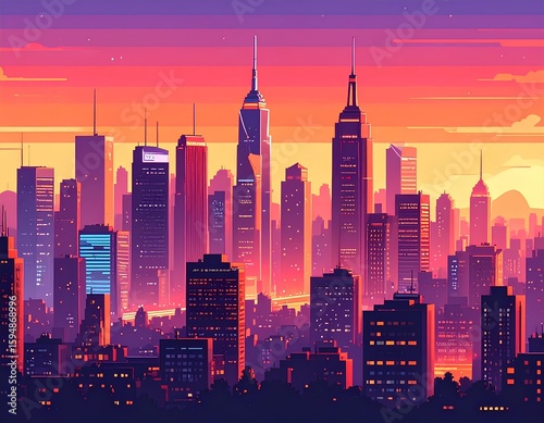 Vibrant pixel art cityscape at sunset with colorful sky