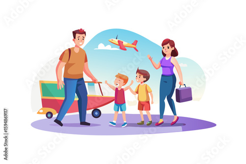 Family excited for vacation with airplane and luggage