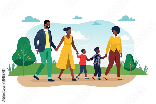 Happy african american family enjoys a sunny day walking together in a park