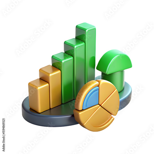 3D Business Success: Growing Bar Chart and Detailed Pie Graph
