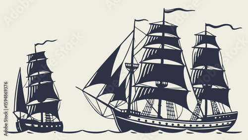Vintage nautical illustration of two historic sailing ships, a large three-masted and a smaller two-masted, in dark silhouette on the ocean.