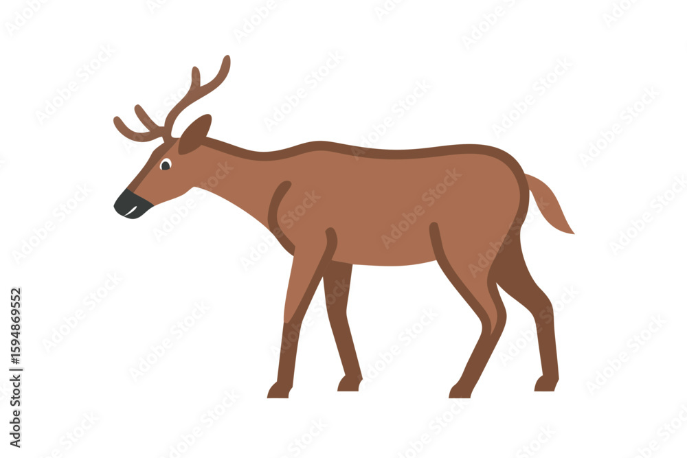 Fototapeta premium A simple flat illustration of a brown deer with antlers on a black background