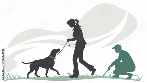 Green silhouette illustration of dog training and responsible pet ownership with a woman walking a leashed dog and a man cleaning waste outdoors.