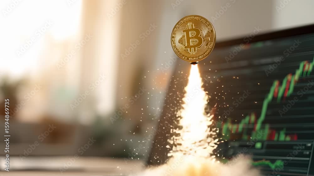 bitcoin rocket launch. coin lifts showing cryptocurrency growth. market investment drives bitcoin rocket. finance chart rises, profit grows. bitcoin coin, crypto market, investment growth strong