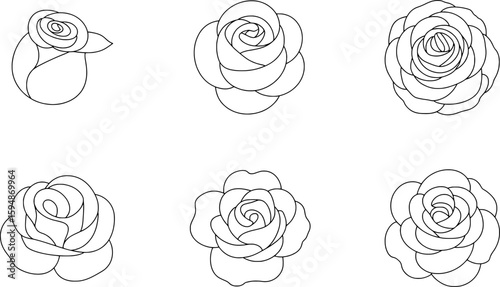 Six stylized rose outlines in black and white flower