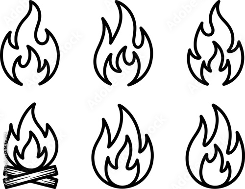 Six stylized flame icons with varying designs and a campfire base heat burn