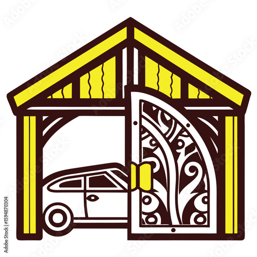 Brown yellow wood carport with car and ornate door garage building