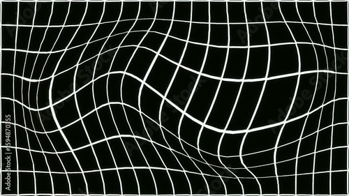 3D Line art on warped grid with glowing white lines, looping motion, graphic design textures on dark background. 4K video.