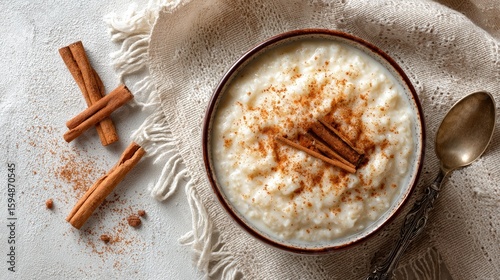 Overhead shot of creamy rice pudding sprinkled with cinnamon on a light-toned surface