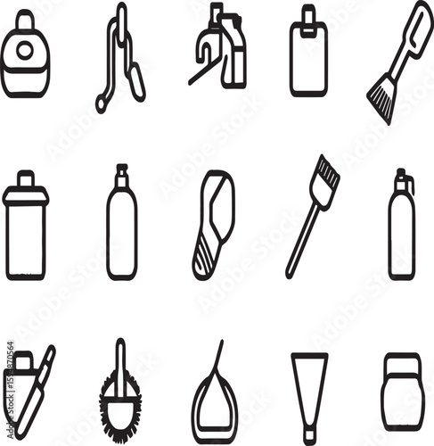Assorted cleaning supplies and tools depicted as black and white line art icons on a white background