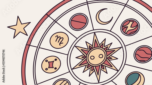 Simple hand-drawn astrological chart illustration with sun, moon, planet symbols, and zodiac signs on a beige background perfect for spiritual and cosmic themes.