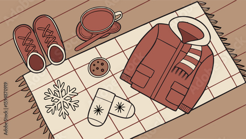 Monochromatic Cozy Winter Essentials Flat Lay Illustration Warm Coat, Scarf, Mittens, Slippers, Hot Cocoa, Cookie, Plaid Rug