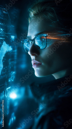 Wallpaper Mural Cinematic shot of a futuristic woman wearing glasses, looking at data charts on a holographic screen Torontodigital.ca