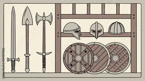 Medieval armory illustration with a collection of historical weapons and armor on a wooden rack, including swords, axes, shields, and helmets in a flat design style.