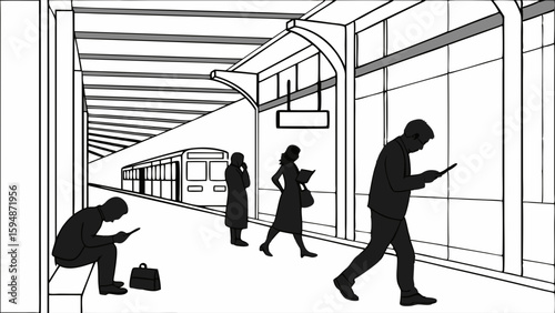 Striking Monochrome Line Art Illustration of a Bustling Urban Subway Station Platform. Commuters Engaged on Smartphones, Train Approaching.
