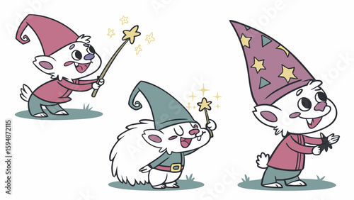 Three adorable cartoon white animal gnomes with pointy hats and magic wands cast spells in a whimsical fantasy illustration perfect for children's themes and cute designs.