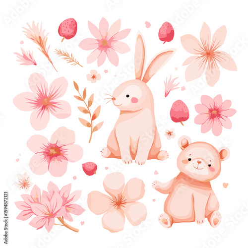 Sweet baby bunny and teddy bear best friends playing with strawberries and pink flowers in cozy woodland nursery room setting