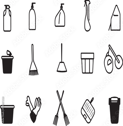 A collection of cleaning supplies and tools icons arranged in rows on a white background surface