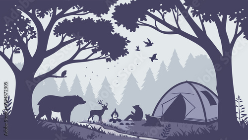 Serene Forest Camping Silhouette Illustration with Wildlife Bear Deer Birds and Campers by a Tent and Campfire Tranquil Outdoor Nature Adventure Art