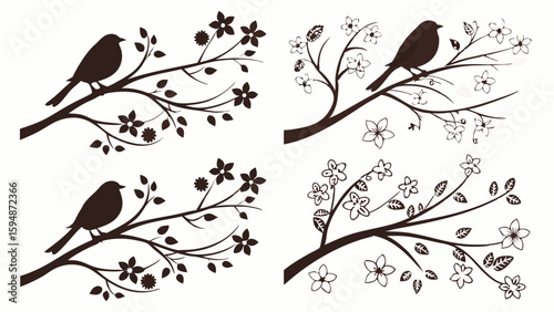 Beautiful black silhouette birds perched on elegant blooming tree branches with detailed flowers and berries, vector nature art for decorative wall decals and spring garden designs