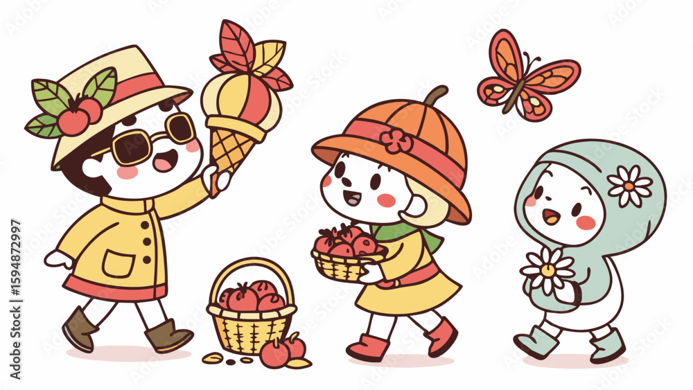 custom made wallpaper toronto digitalAdorable Kawaii cartoon children celebrating autumn harvest. Happy kids with apples, ice cream, flowers, and a butterfly. Cute fall season vector art.