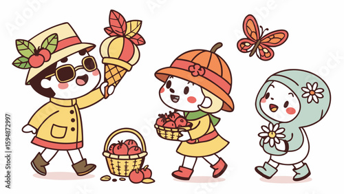 Adorable Kawaii cartoon children celebrating autumn harvest. Happy kids with apples, ice cream, flowers, and a butterfly. Cute fall season vector art.