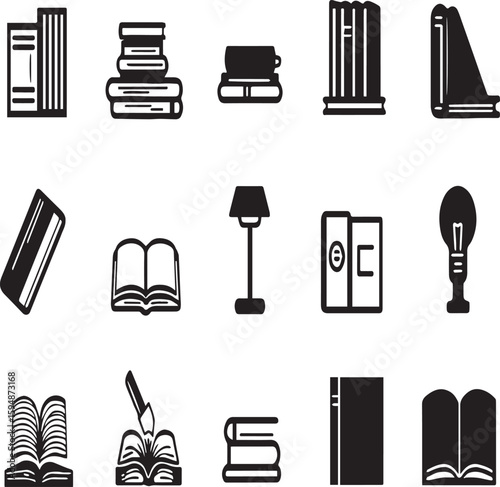 A collection of black and white icons depicting books and reading related objects in a grid format